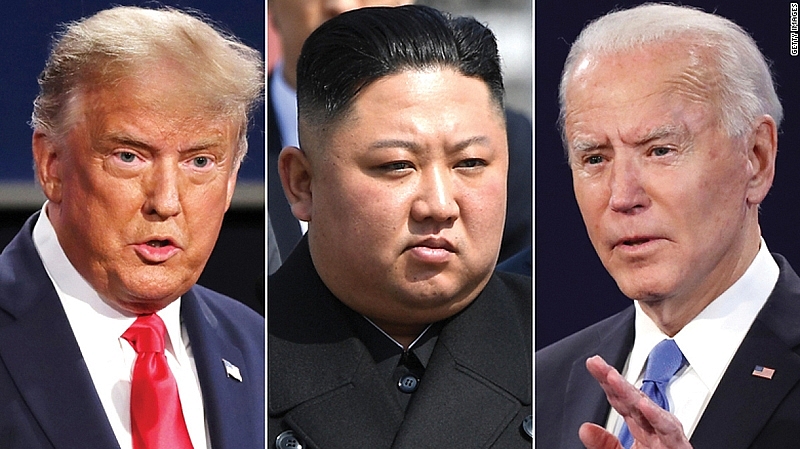 Tổng thống Mỹ Donald Trump, nhà lãnh đạo Triều Tiên Kim Jong Un và ứng viên đảng Dân chủ Joe Biden.       Ảnh CNN