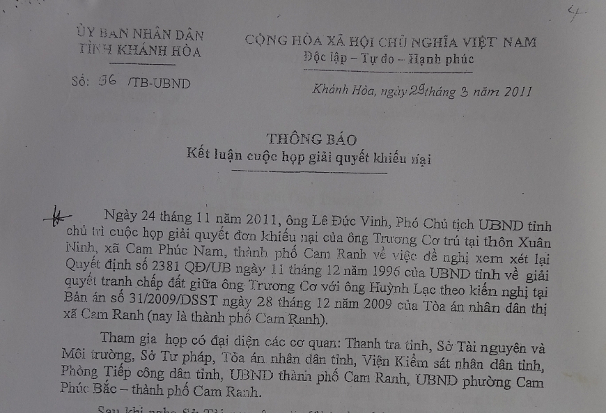 Thông báo giữa nguyên QĐ 2381/QĐ-UN ngày 11/12/1996, đồng nghĩa với không cho thực hiện bản án. (0889) Quyết định đình chỉ phiên tòa phúc thẩm của TAND tỉnh Khánh Hòa do nguyên đơn rút kháng cáo. (06893) Thông báo chuyển đơn của Tổng cục THADS Bộ Tư pháp.