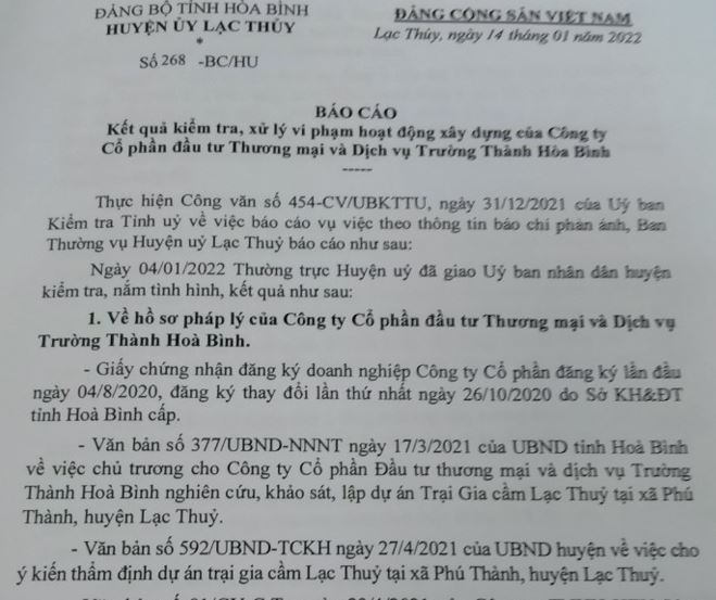 Xây dựng trang trại gia cầm khi chưa hoàn thiện pháp lý, Công ty Trường Thành Hòa Bình bị xử phạt