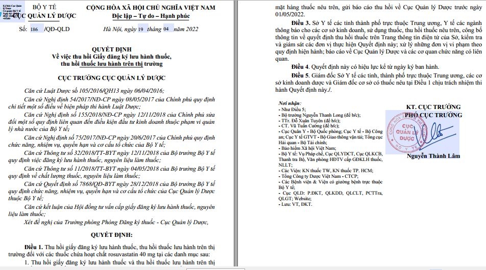 Cục Quản lý Dược thu hồi 4 loại thuốc chứa hoạt chất rosuvastatin 40 mg