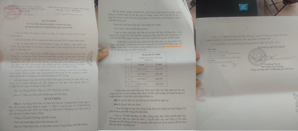 Tổng Cục địa chất và Khoáng sản Việt Nam xử phạt Công ty CP Khoáng sản Bắc Giang hơn 2,1 tỷ đồng